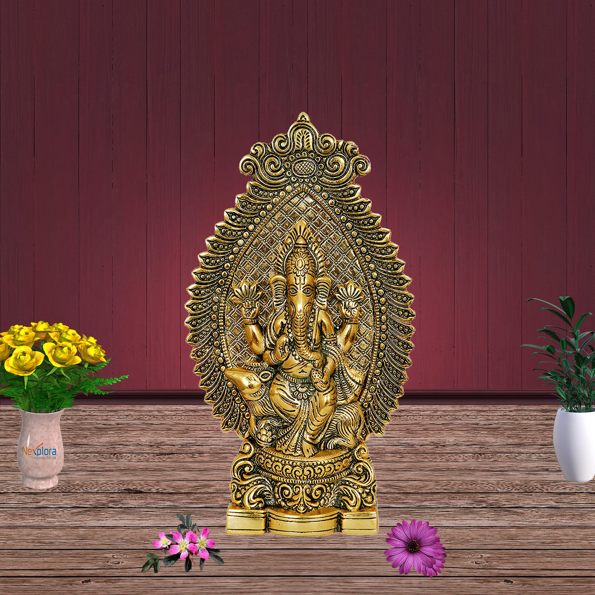 Nexplora Industries Pvt. Ltd. Metal Ganesh Idol Ganpati Sitting On Mouse Statue, Height 27 Cm, Gold Antique